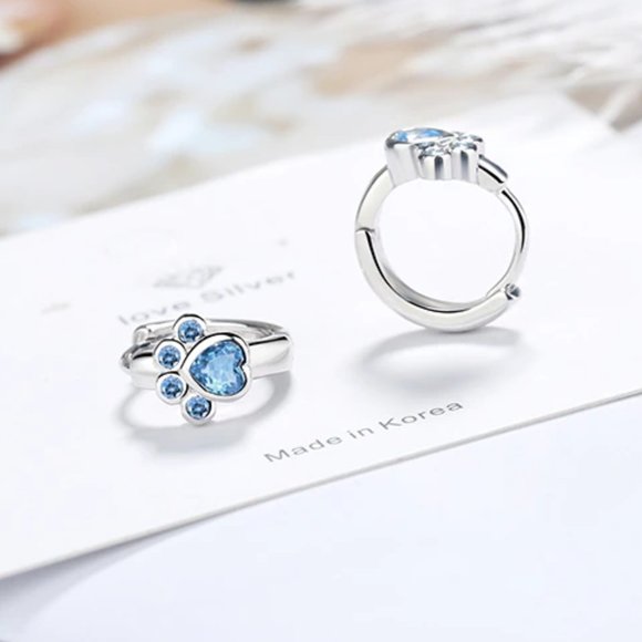 NEW Silver Blue Cute Cat Paw Hoop Earrings - Picture 4 of 7